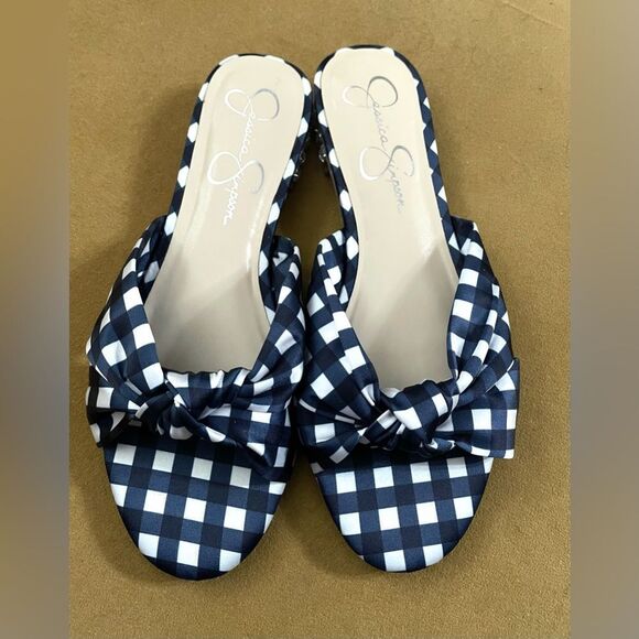 NWOT Jessica Simpson Sashara Blue & White Checked Slides Rhinestone Heels 7.5 - Picture 2 of 7
